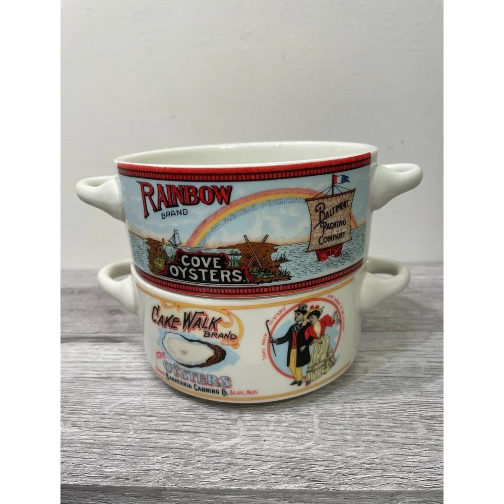 Vintage 1992 Fabled Labels Oyster Soup Bowls Set of 2 Rainbow Cake Walk Brand